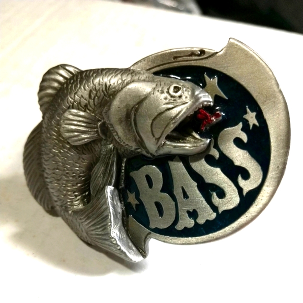 VINTAGE but NEW with TAG BASS Large Mouth Jumping Belt Buckle Solid Pewter 1981